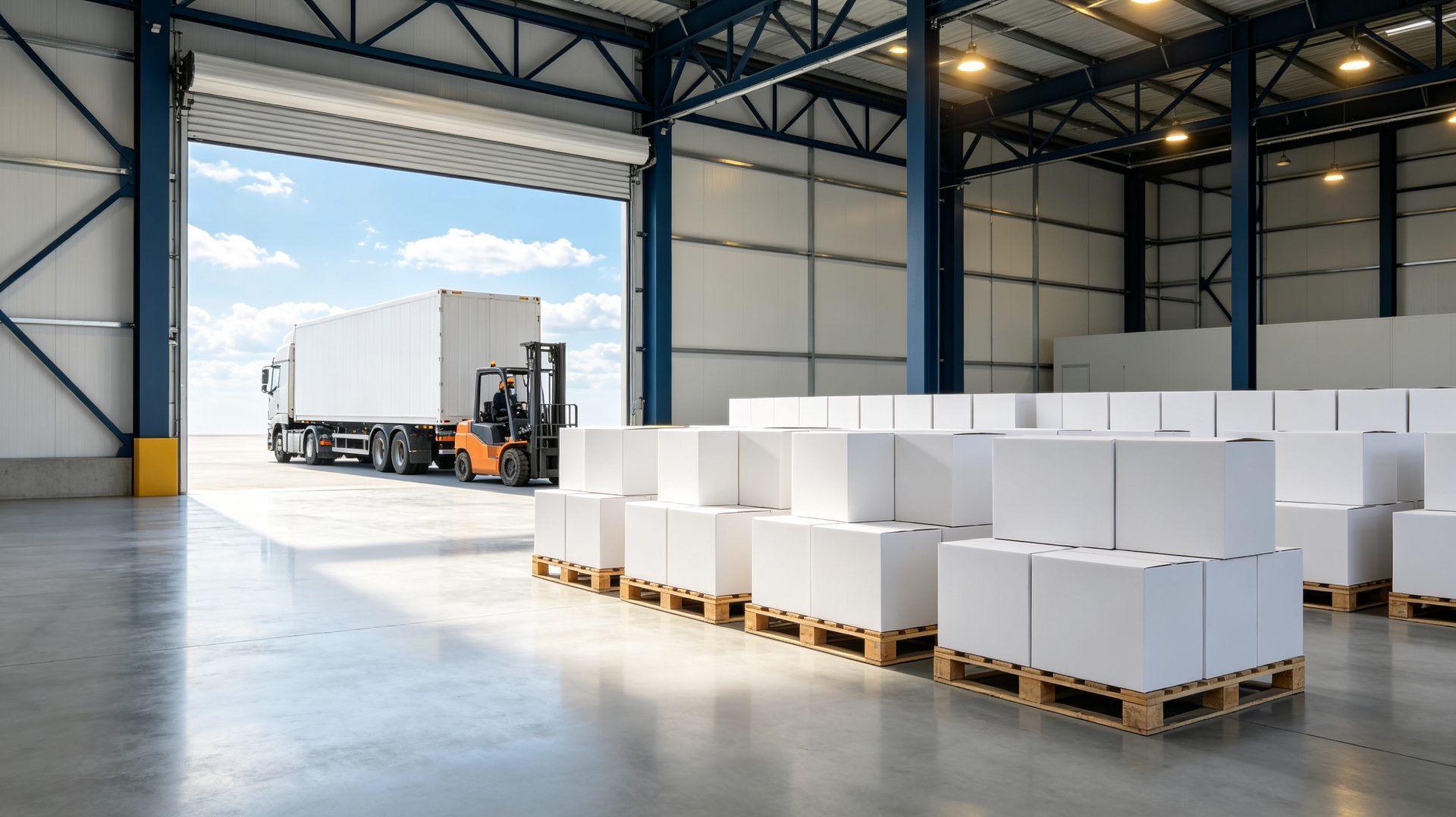EyeOEM global export logistics base — container loading and freight trucks ready for dispatch
