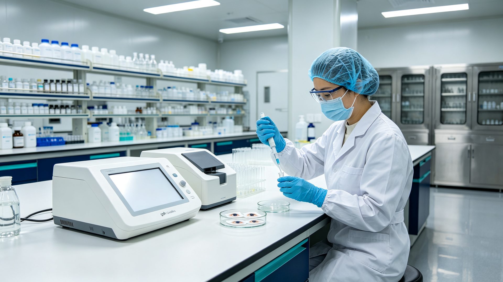 EyeOEM QC laboratory — Class 100,000 cleanroom / pharmaceutical-grade water treatment / automated filling line