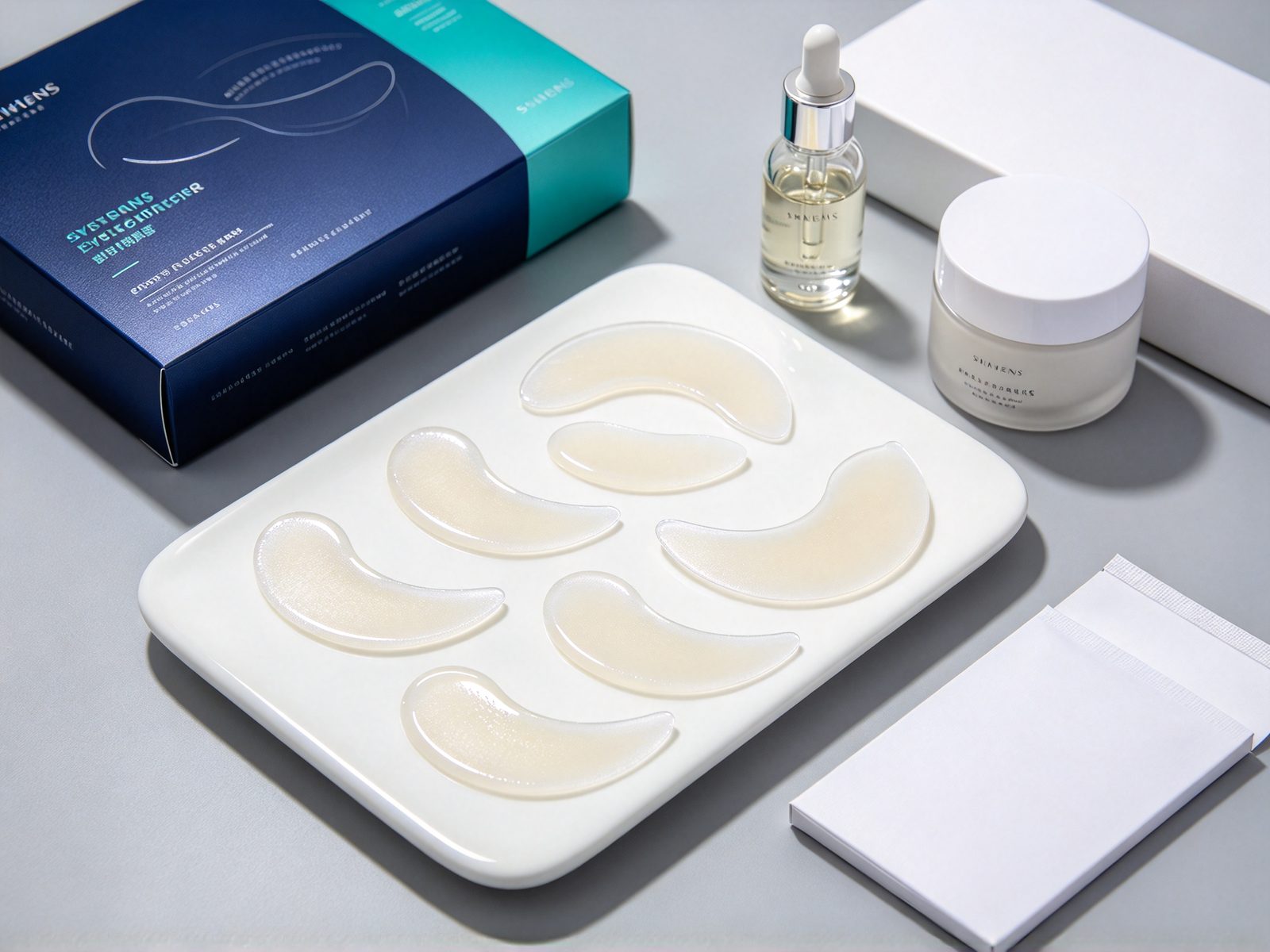 PDRN hydrogel under-eye patches arranged on a matte white tray, product photography