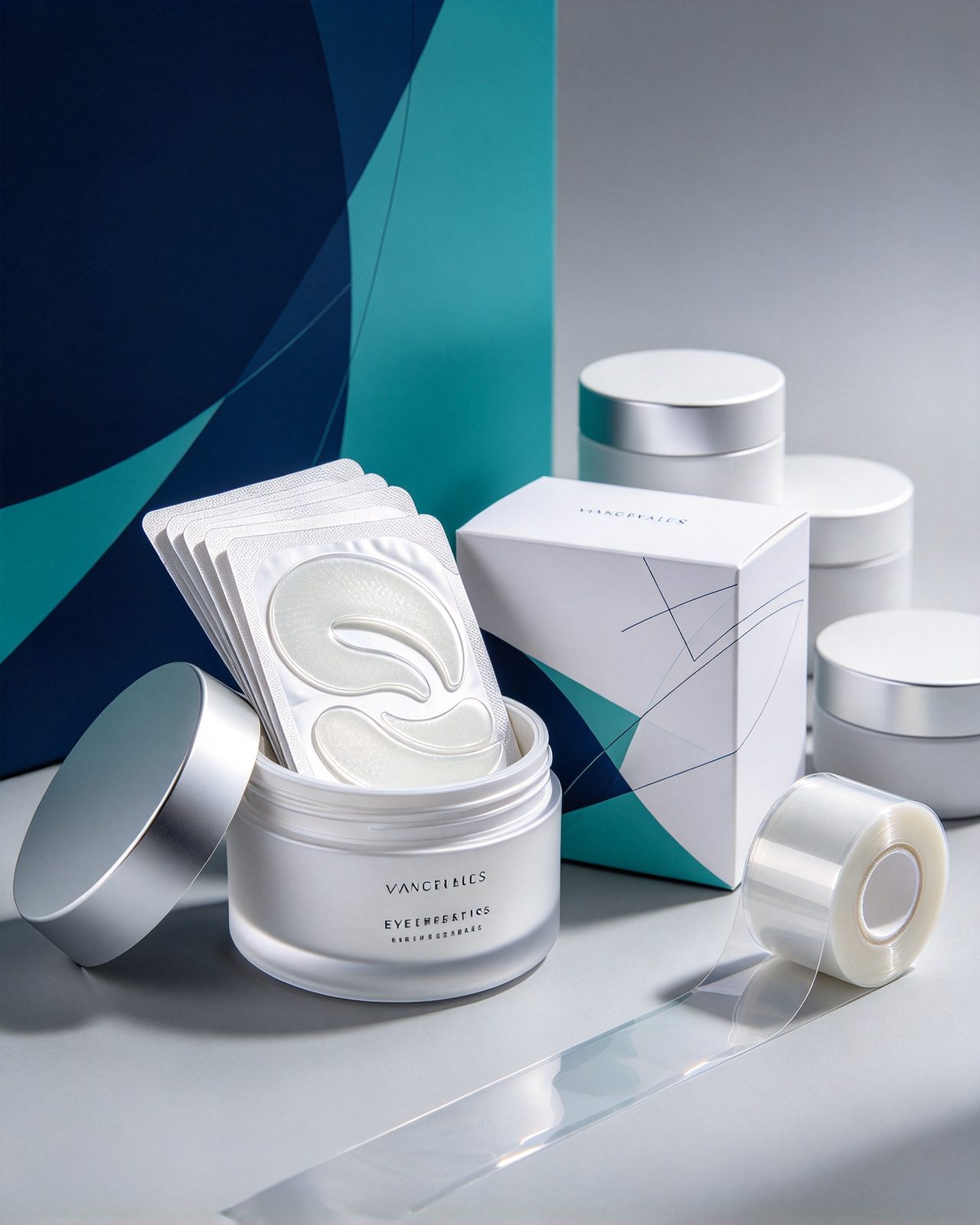 Finished packaging for PDRN eye patches: jar, sachets and retail carton