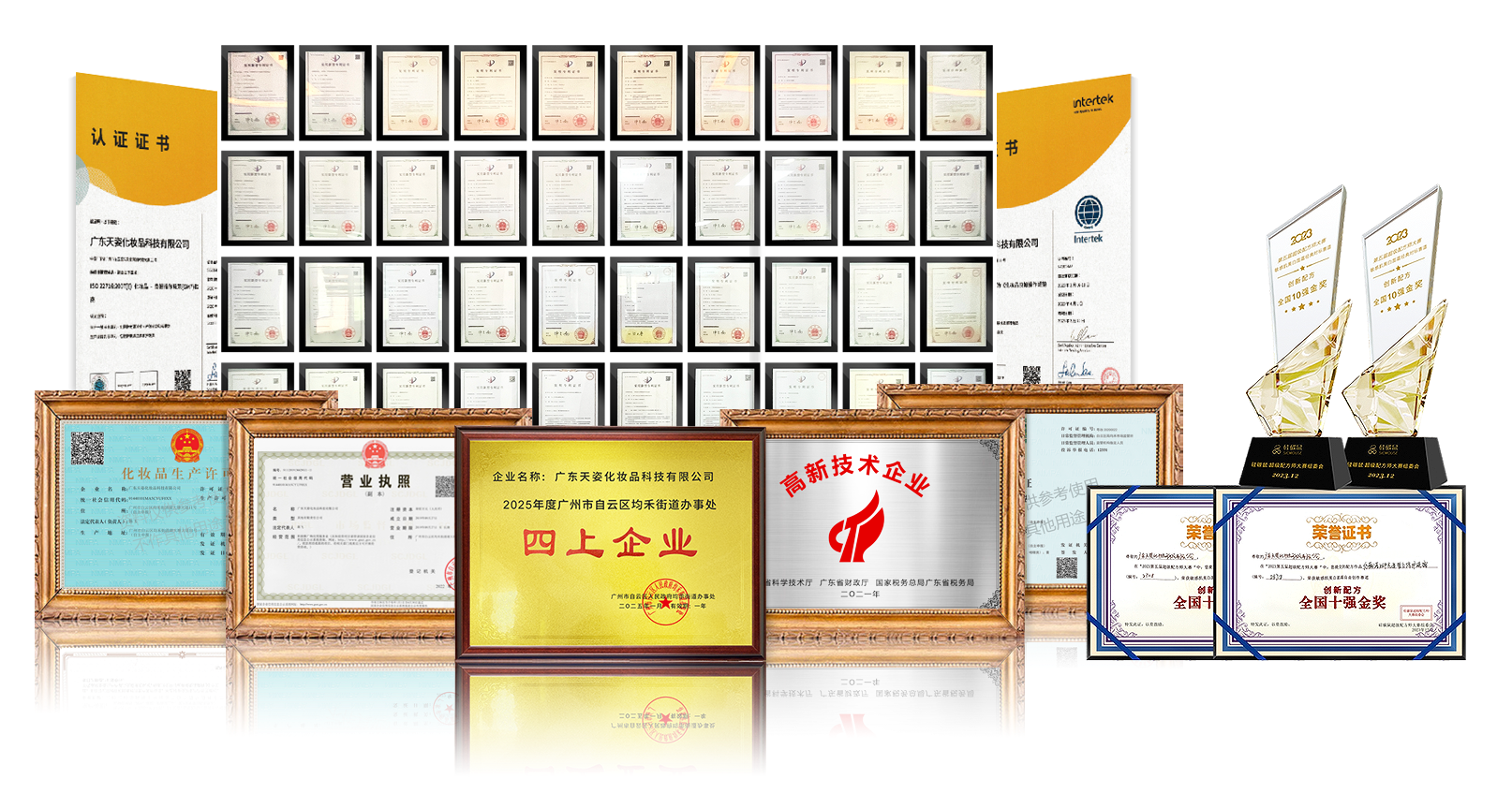 EYESEO荣誉资质墙：高新技术企业、四上企业、全国十强金奖等多项权威认证